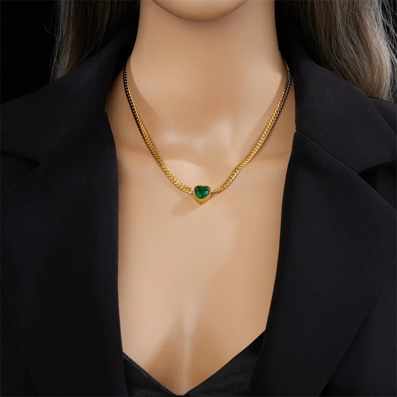 Stainless Steel Green Zircon Heart Necklace