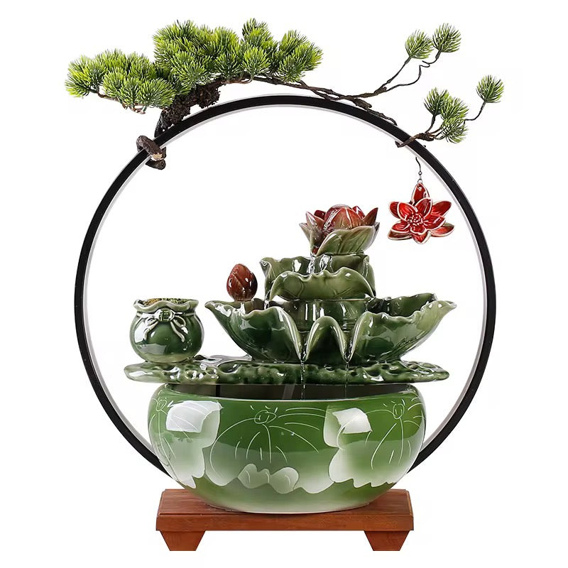 Feng Shui Green Lotus Back-Flow Incense Holder & Waterfall Mist Maker with Ring Light Ornamental Set