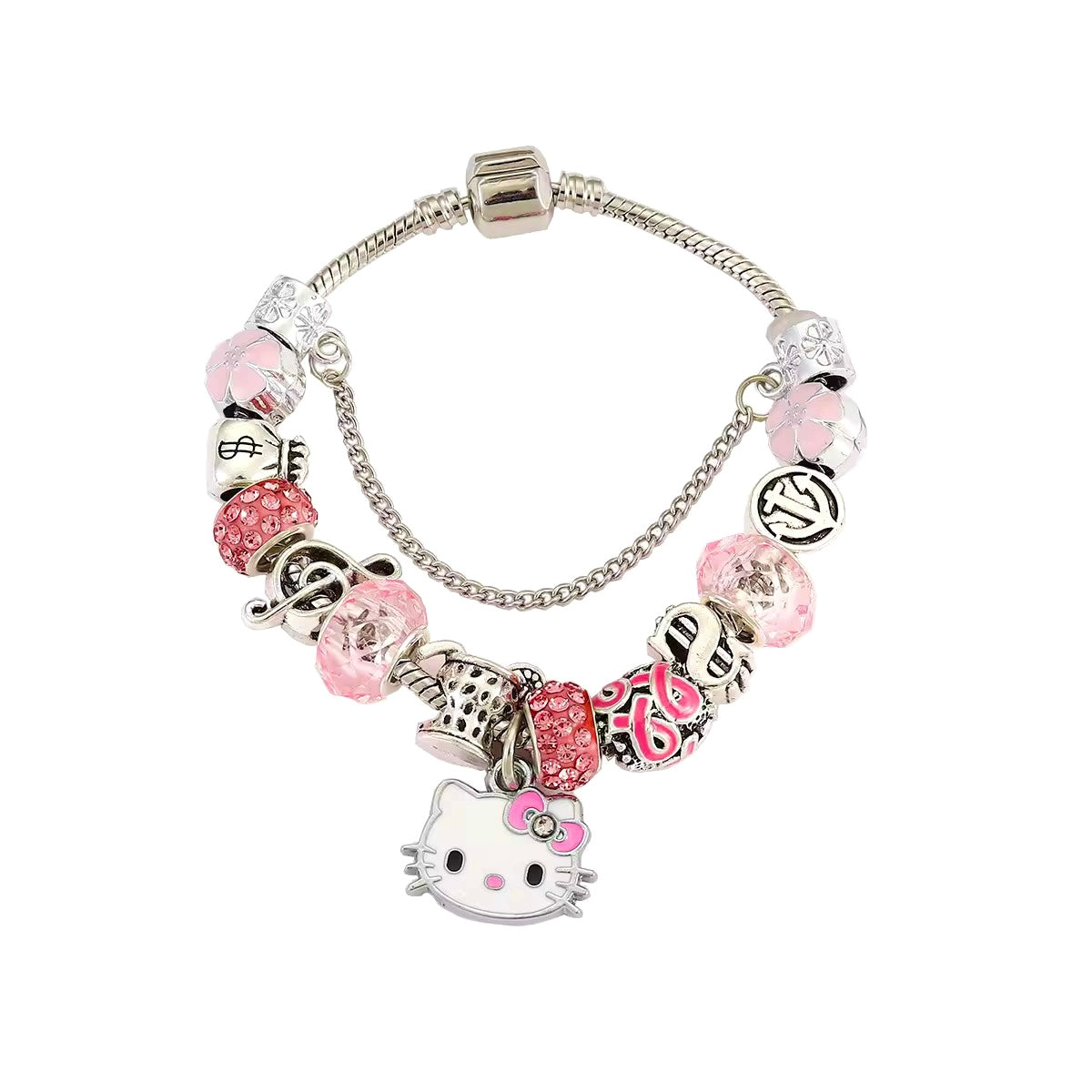 Stainless Steel Hello Kitty Pink Zircon Charm Bracelet