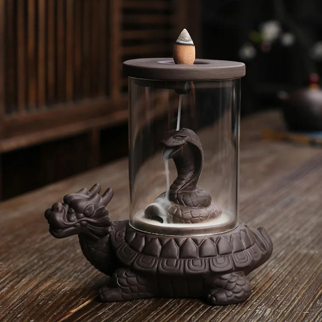 Cobra Snake on Turtle Incense Holder + 10 Free Back-Flow Incense Cones.