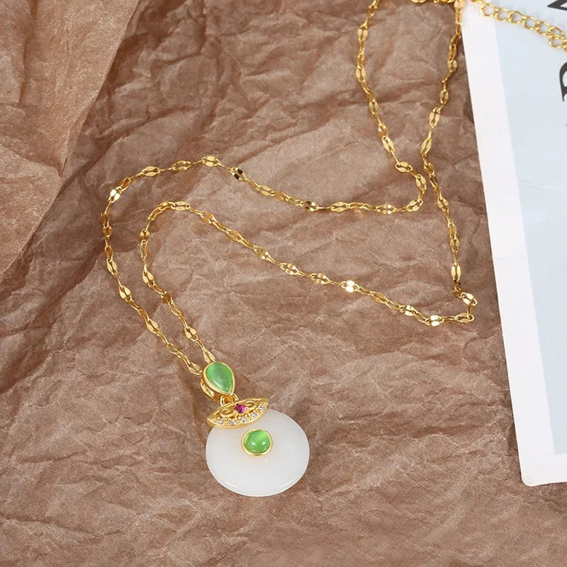 Large Korean Clear Jade Donut Cat Eye Quartz Evil Eye Necklace