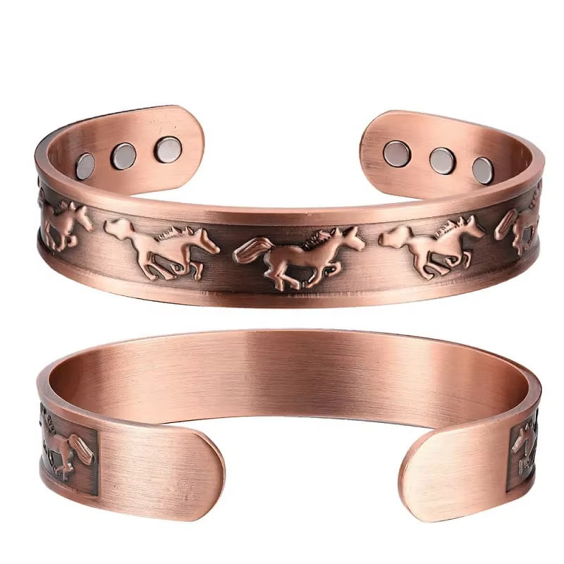 Adjustable Ultra Strength Pure Copper Magnetic Bracelet & Ring Set  (99.99% Copper) Embossed Running Horse Design