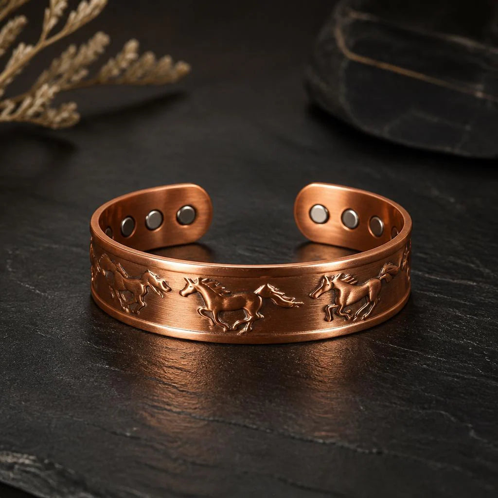 Adjustable Ultra Strength Pure Copper Magnetic Bracelet & Ring Set  (99.99% Copper) Embossed Running Horse Design