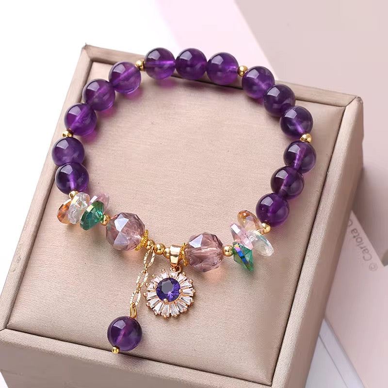 Natural Amethyst Zircon Flower Charm Bracelet (8MM Beads)