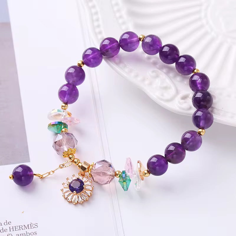 Natural Amethyst Zircon Flower Charm Bracelet (8MM Beads)