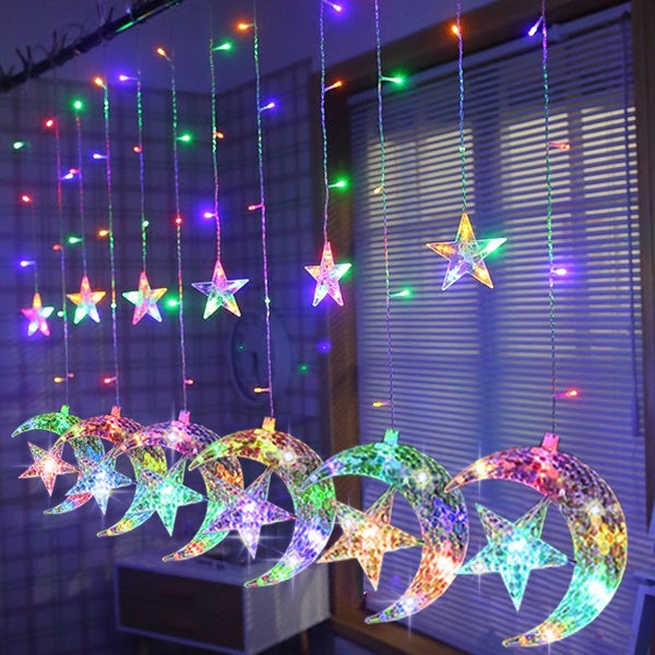 Decorative LED Curtain String Lights – Moon & Star Combined Design | RGB & Warm Yellow