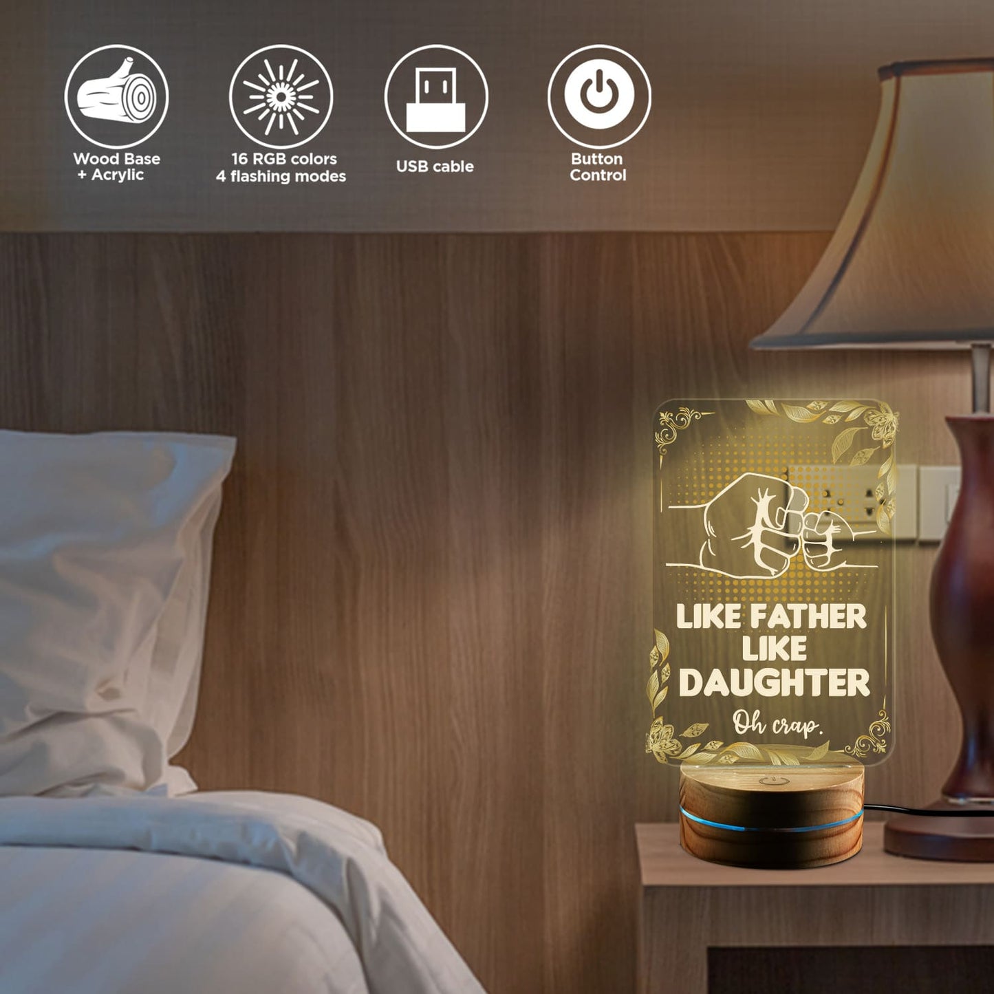 Father’s Love 3D Acrylic Night Lamp With Wooden Base - Father & Daughter Love