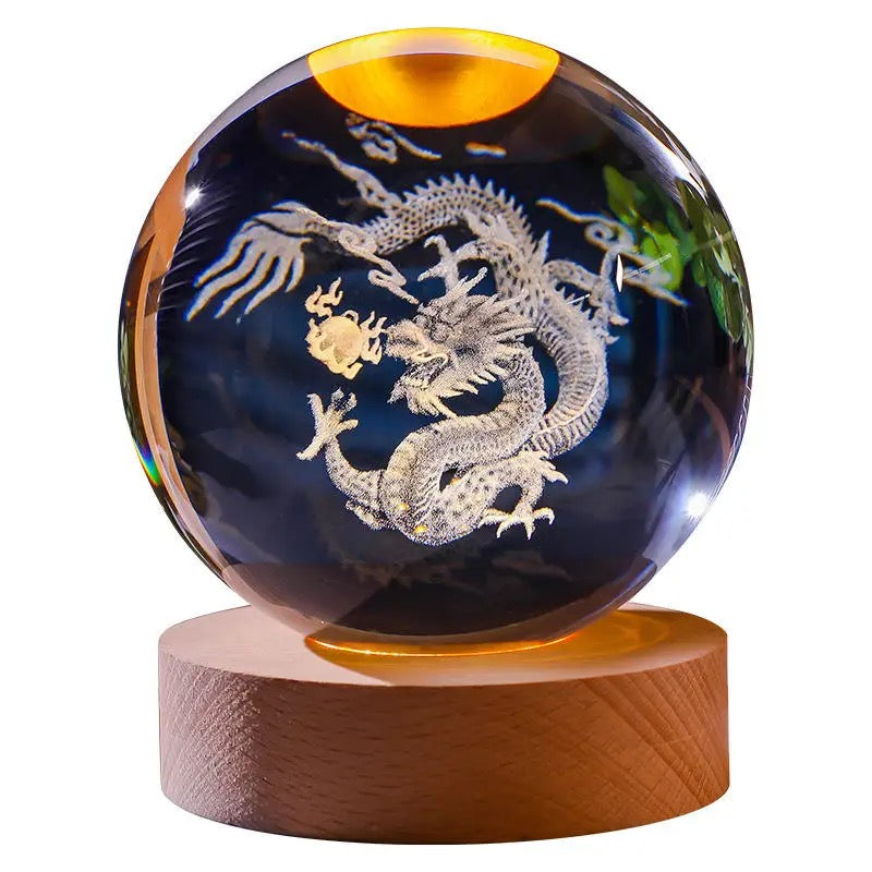 3D Laser Engraved 8cm Glass Crystal Ball Lamp Decor (Chinese Lucky Dragon)