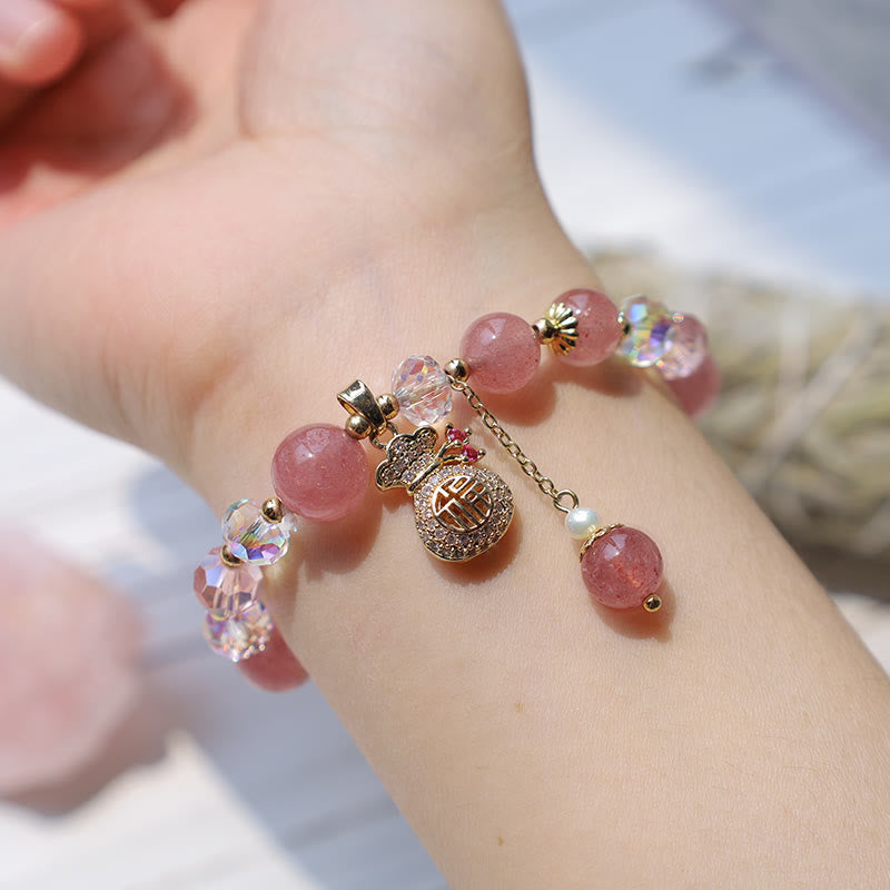 Natural Strawberry Quartz Crystal Money Bag Charm Positive Bracelet (8mm)