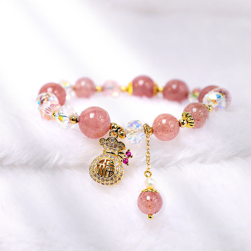Natural Strawberry Quartz Crystal Money Bag Charm Positive Bracelet (8mm)
