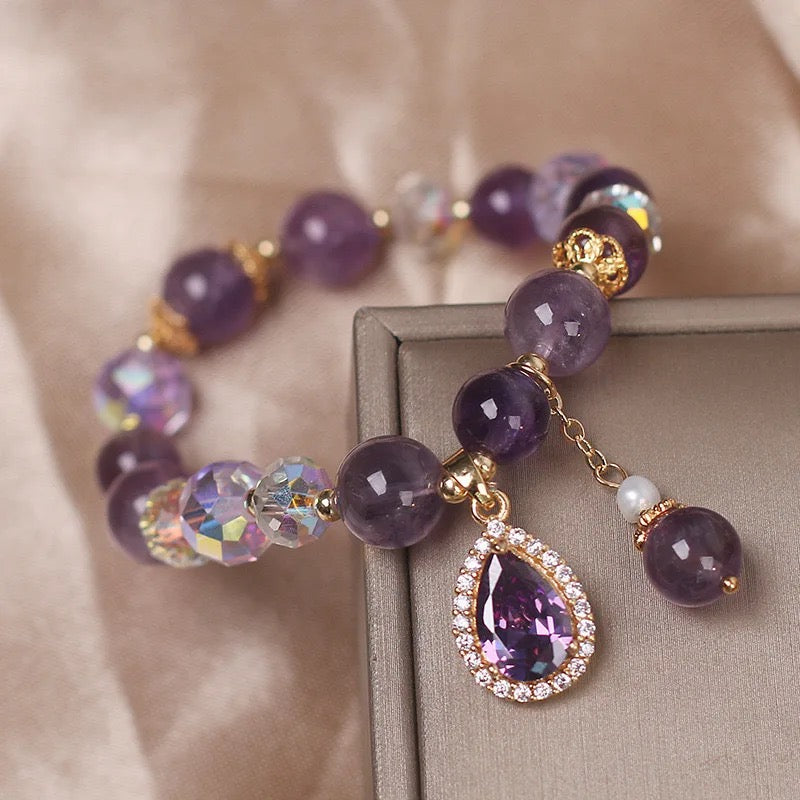 Natural Amethyst Zircon Charm Bracelet (8MM Beads)