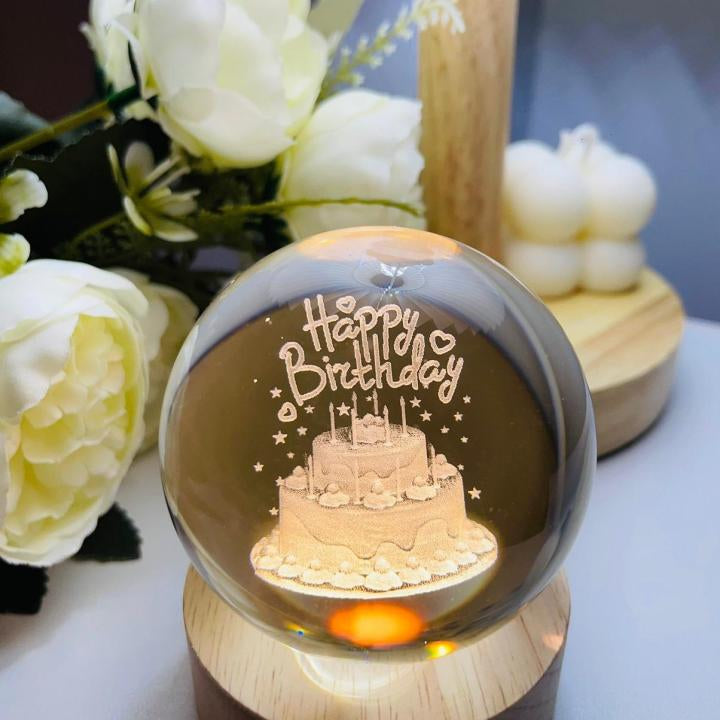 3D Laser Engraved 8cm Glass Crystal Ball Lamp (Happy Birthday)