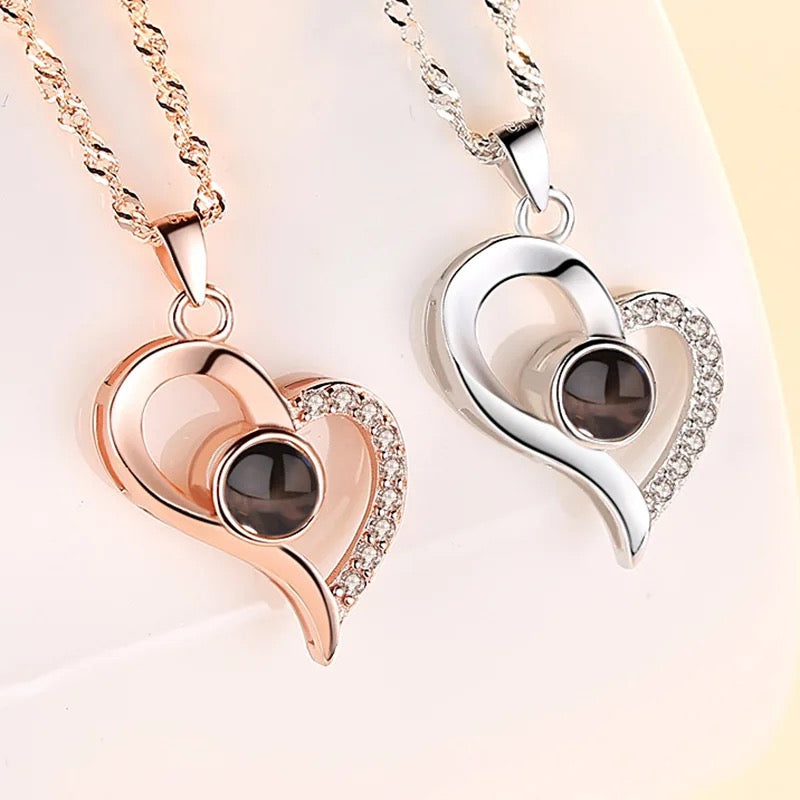 Stainless Steel Projection of “I Love You” in 100 Languages Heart Necklace