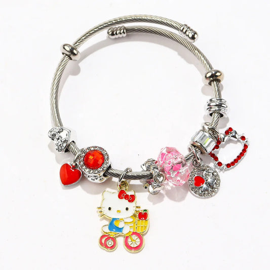 Stainless Steel Hello Kitty Pink Zircon Charm Bracelet