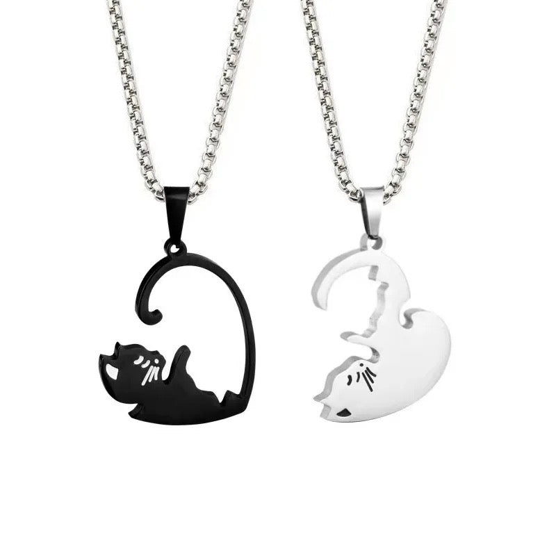 Stainless Steel Couples Heart Distance Cat Necklace 2pc