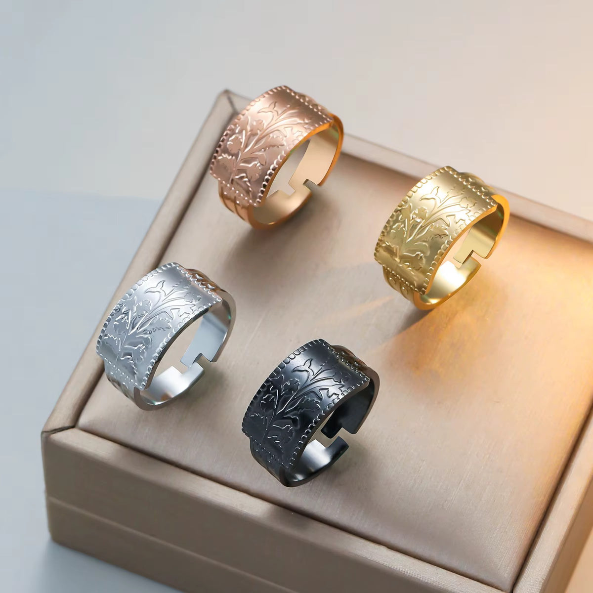 Vintage Floral Embossed Adjustable Stainless Steel Ring