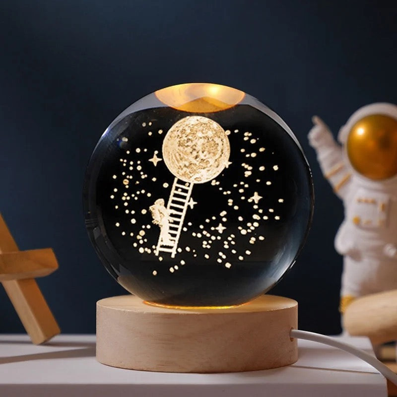 3D Laser Engraved 8cm Glass Crystal Ball Lamp Universe Astronomy Decor (Astronaut Climbing to Moon)