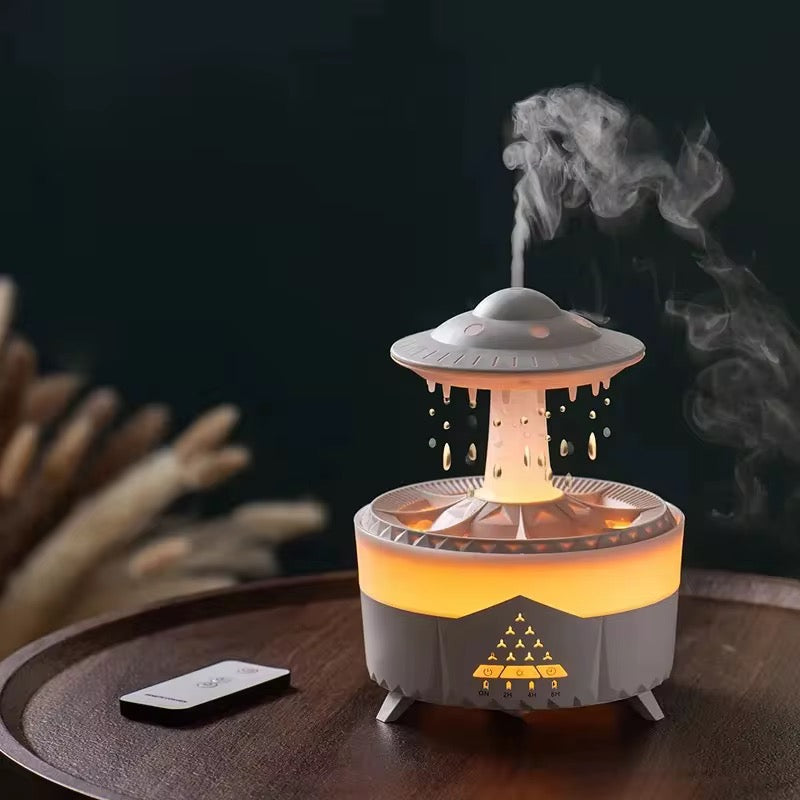 White UFO Rain Humidifier, 7-Color LED Aroma Diffuser + Remote Control