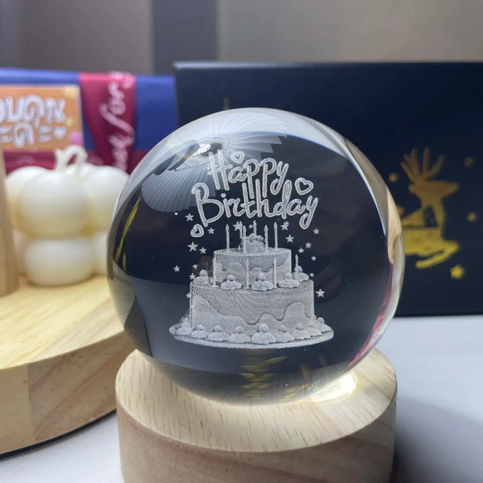 3D Laser Engraved 8cm Glass Crystal Ball Lamp (Happy Birthday)