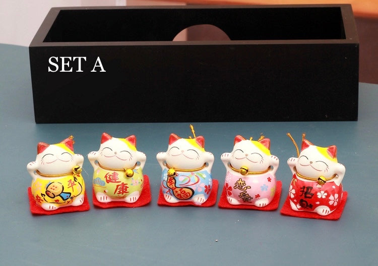 Maneki Neko Mini Lucky Cats / Mahogany Wooden Stand