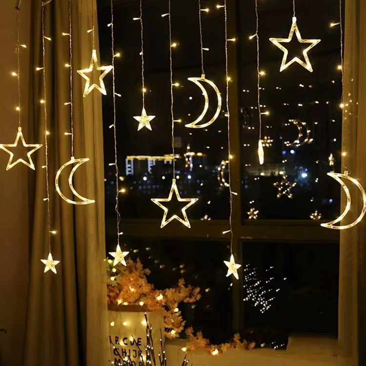 Islamic Cresent and Star Curtain LED String Lights + Remote (8 Modes)