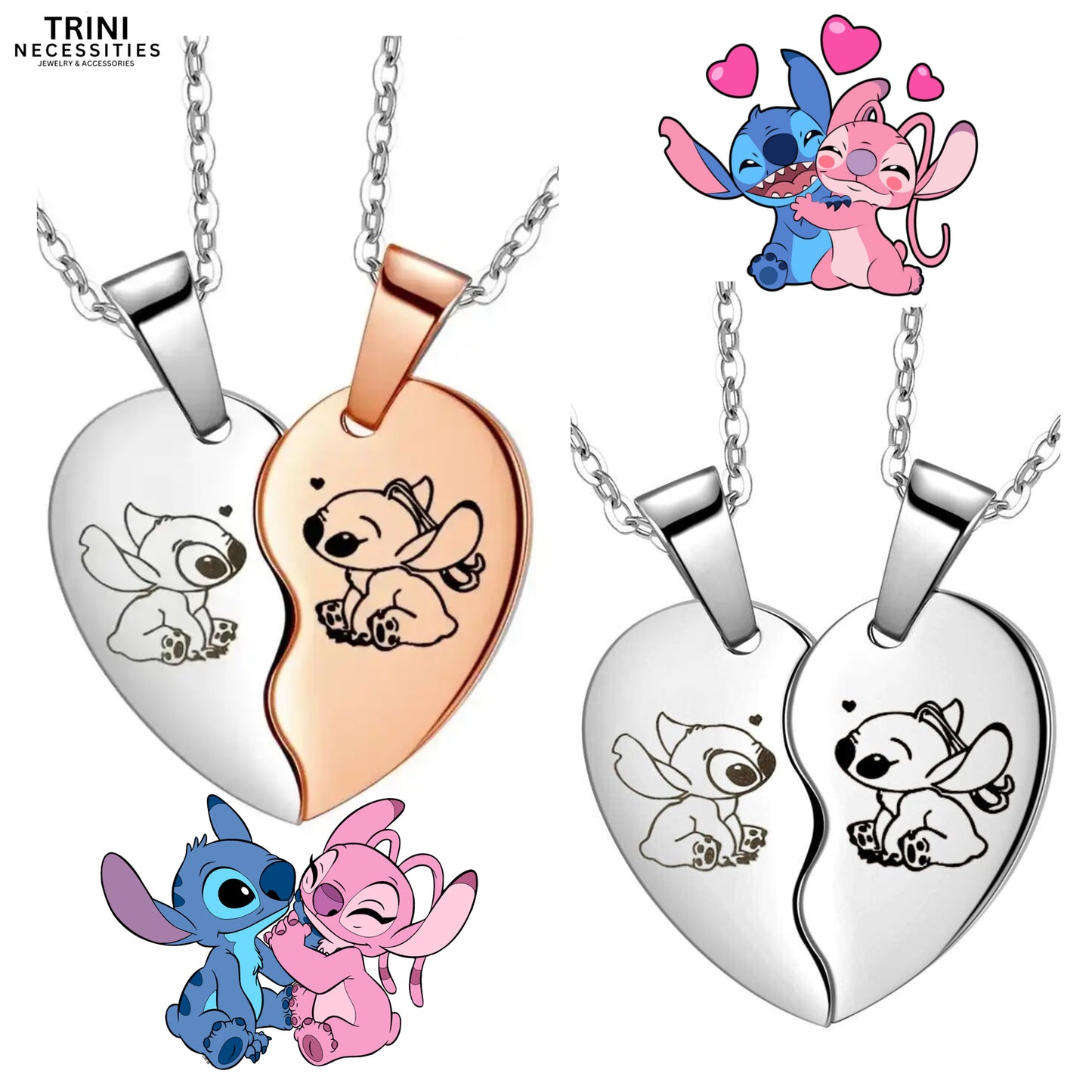 Stainless Steel Stitch & Angel Couples Love Necklace 2pc