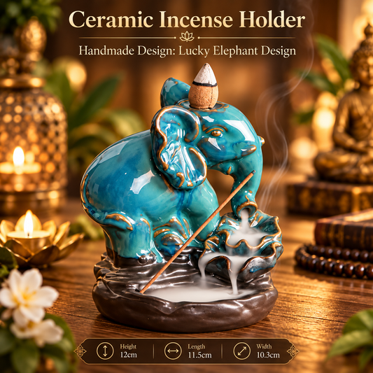 Ceramic Elephant Designed Back-Flow Incense Holder + 10 Free Incense Cones
