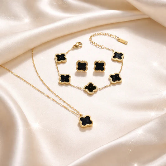 High Quality Stainless Steel Van Cleef Inspired Clover 3pc Set (Black)