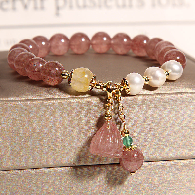 Strawberry Quartz Freshwater Pearl Charm Bracelet (8mm)