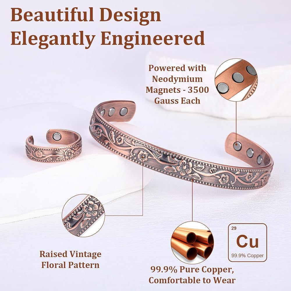 Adjustable Ultra Strength Pure Copper Magnetic Bracelet (99.99% Copper) Floral Design