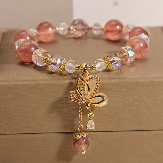 Natural Strawberry Quartz Healing Positive Butterfly Zircon Charm Bracelet (8mm)