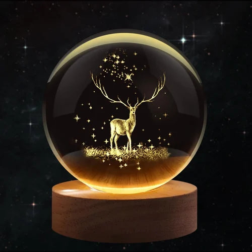 3D Laser Engraved 8cm Glass Crystal Ball Lamp (Reindeer)