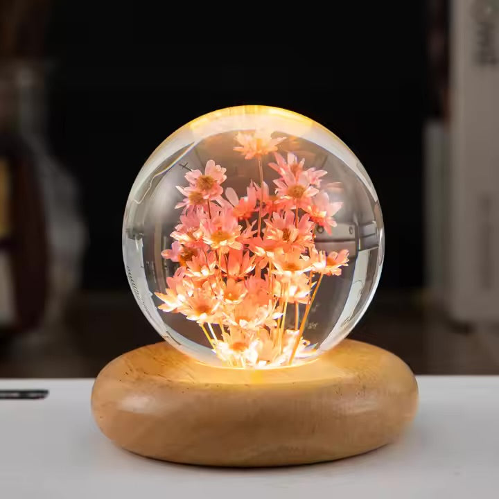 8cm Eternal Flower Sphere Lamp with LED Wooden Light Base, USB (Red & White Daisy)