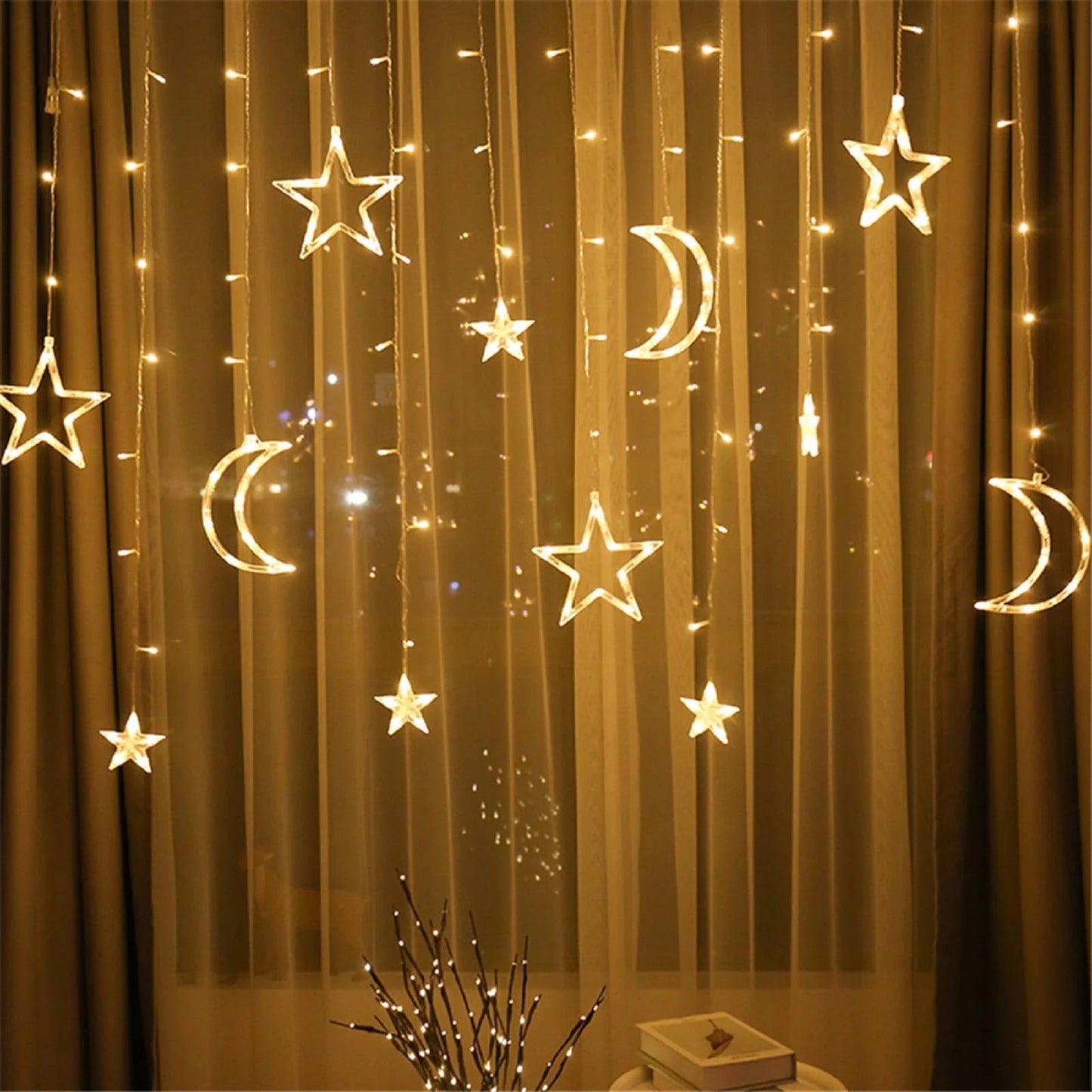 Islamic Cresent and Star Curtain LED String Lights + Remote (8 Modes)