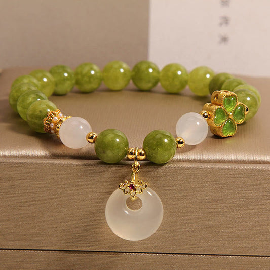 Green Tourmaline Chalcedony Four Leaf Clover Peace Buckle Charm Wisdom Bracelet (8MM)