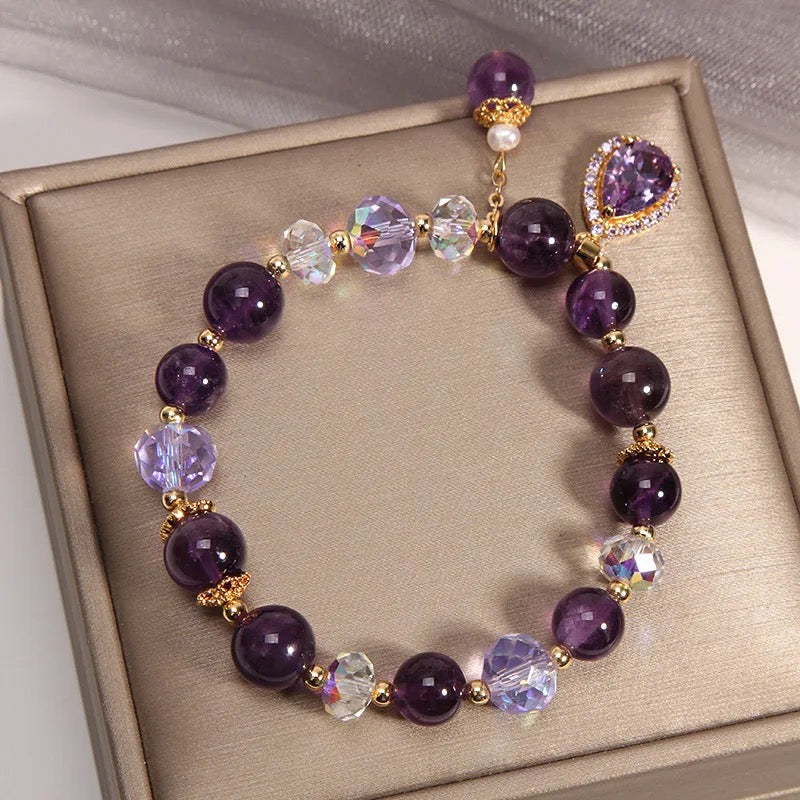 Natural Amethyst Zircon Charm Bracelet (8MM Beads)