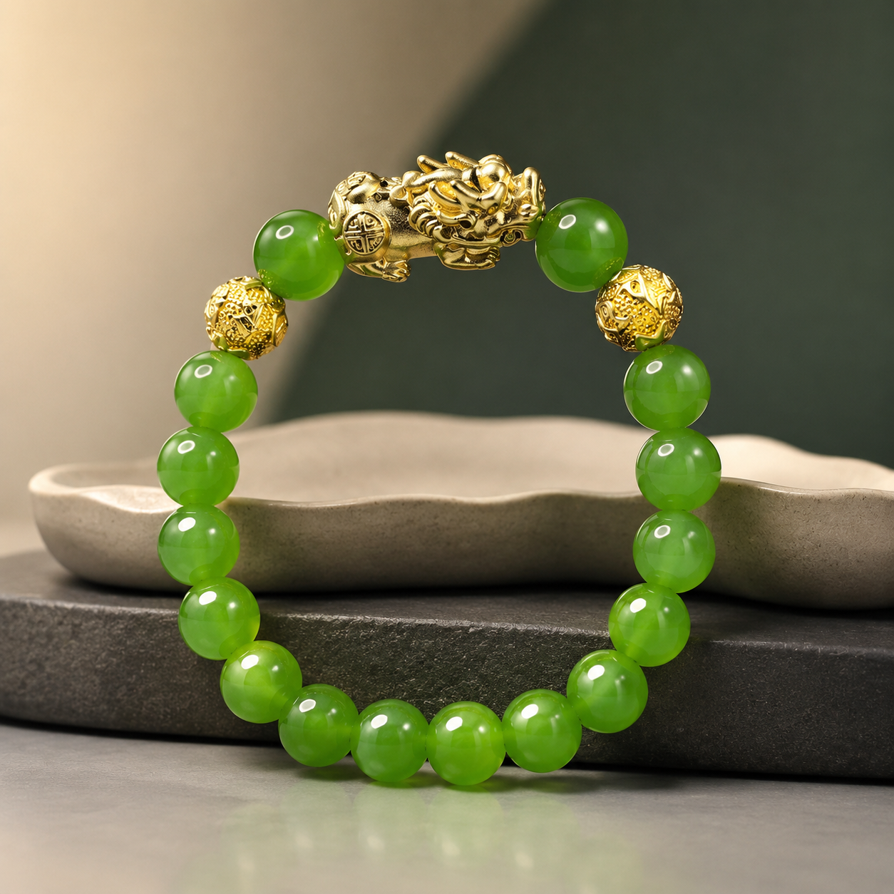 Feng Shui PiXiu Jade Wealth Bracelet 10mm (18k Gold Plated)