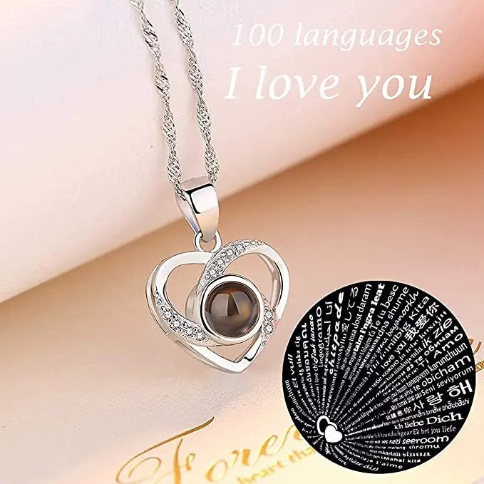 Stainless Steel Projection of “I Love You” in 100 Languages Heart Necklace