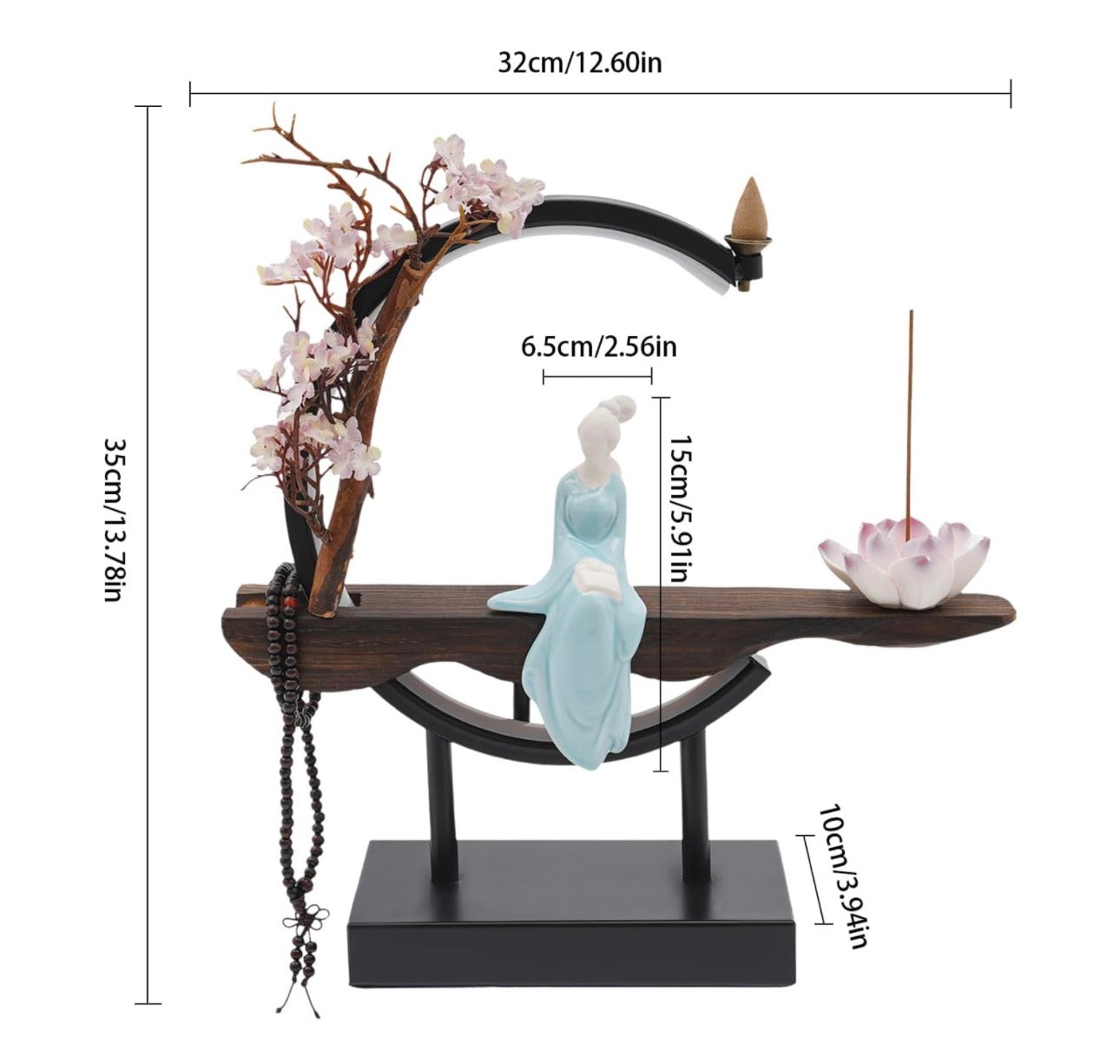 Buddha Back-Flow Incense Holder with Cherry Blossom Floral & Ring Light Ornamental Set
