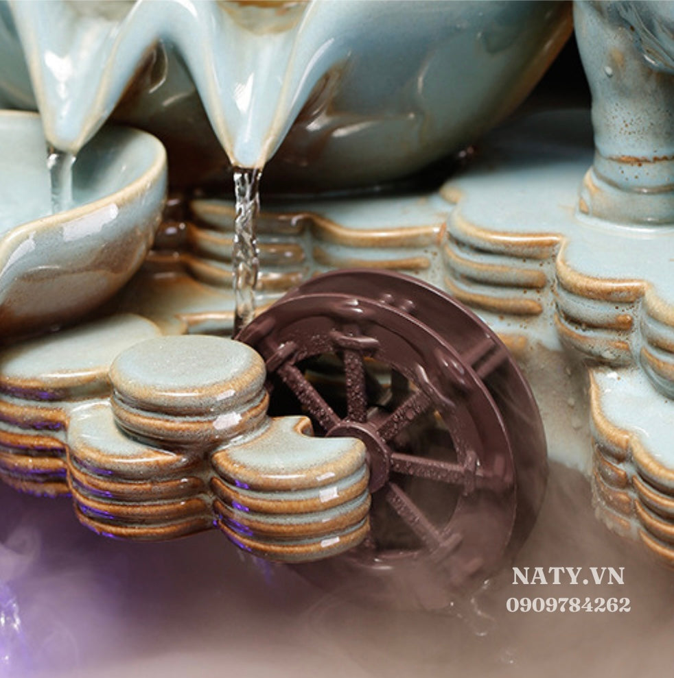 Feng Shui Elephant Crystal Ball Back-Flow Incense Holder & Waterfall Mist Maker with Ring Light Ornamental Set