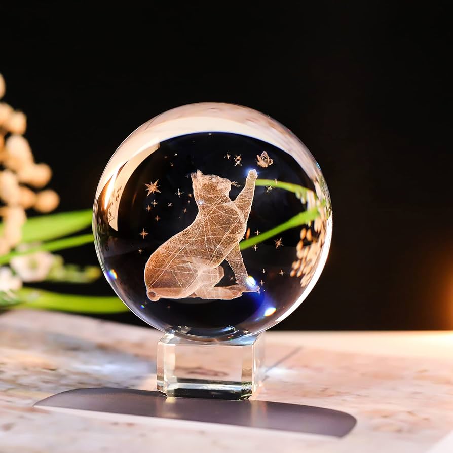 3D Laser Engraved 8cm Glass Crystal Ball Lamp (Cat Playing with Butterfly)