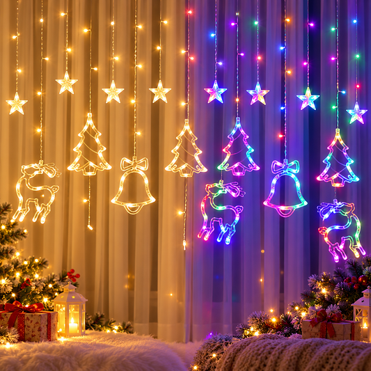 Decorative LED Curtain String Lights – Christmas Tree, Bells, Stars & Reindeer Design | RGB & Warm Yellow