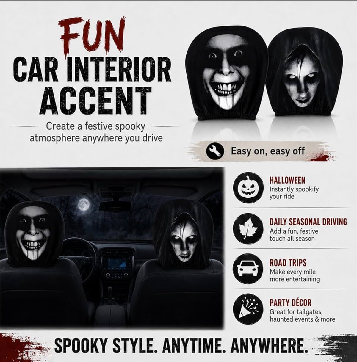 Halloween Scary Face Car Headrest Covers – 2 Piece Set