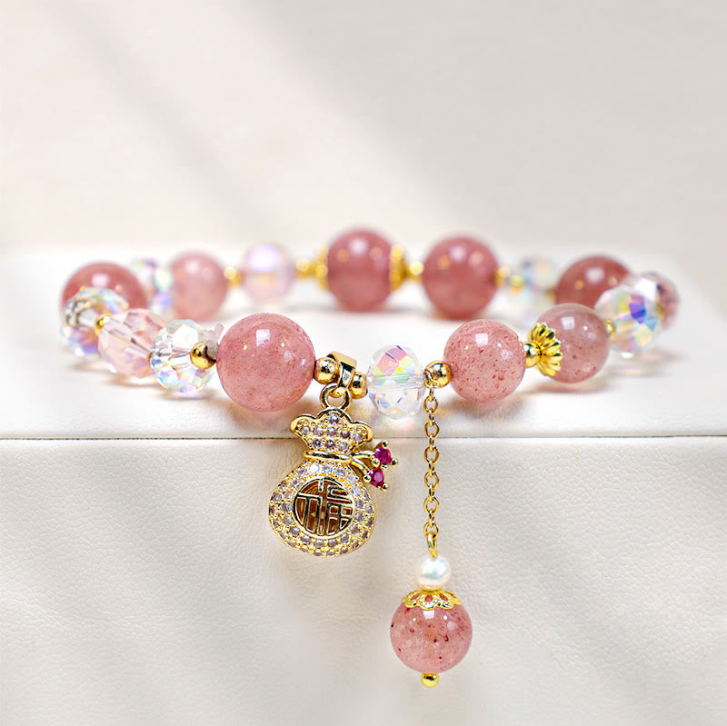 Natural Strawberry Quartz Crystal Money Bag Charm Positive Bracelet (8mm)