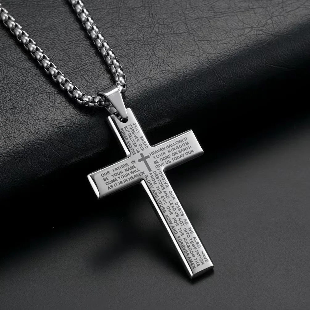 Stainless Steel Christian Cross Necklace With “Our Father Prayer” Engraved