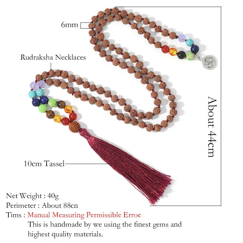 108 Beads Rudraksha 7 Chakra Mala Prayer Necklace + OM Charm