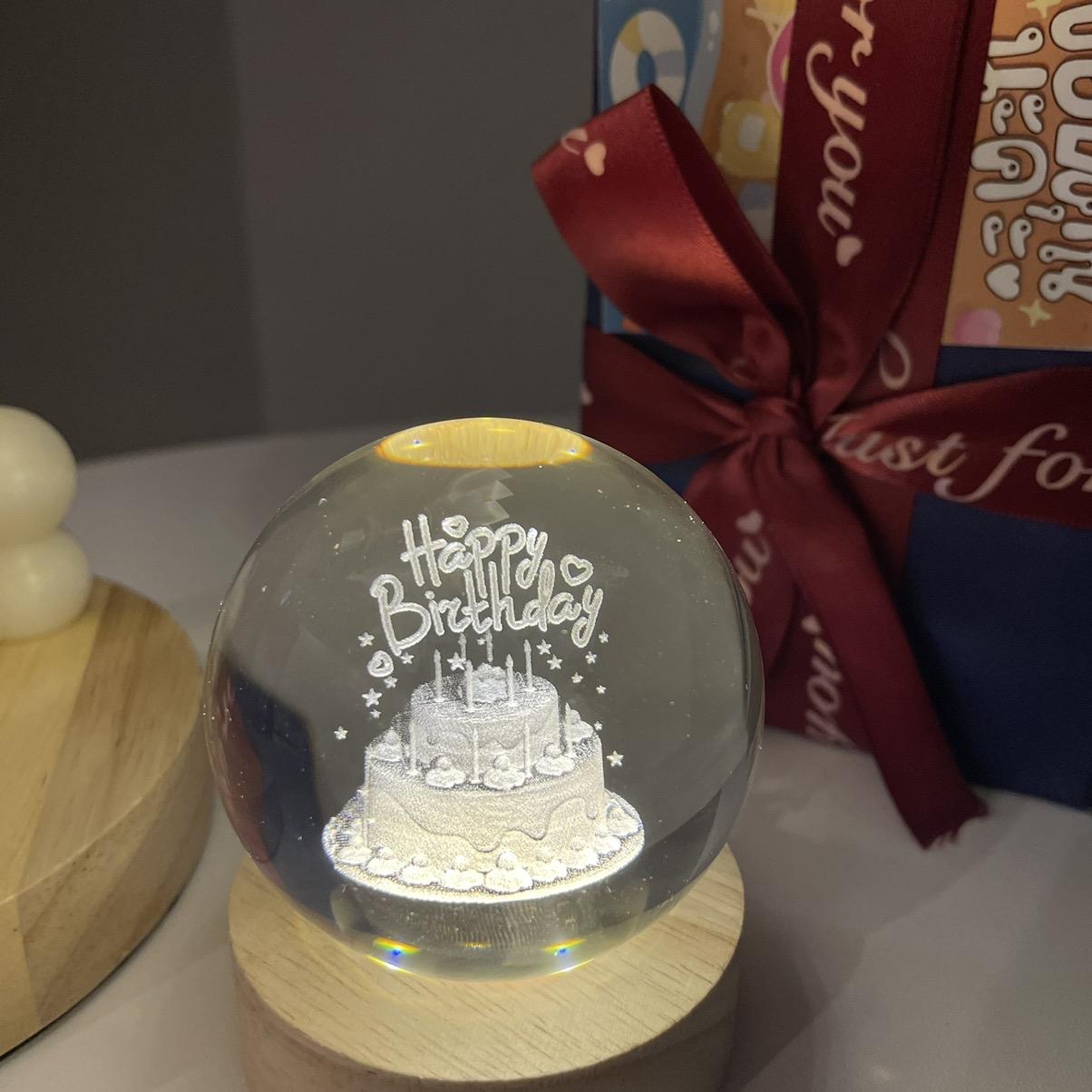 3D Laser Engraved 8cm Glass Crystal Ball Lamp (Happy Birthday)