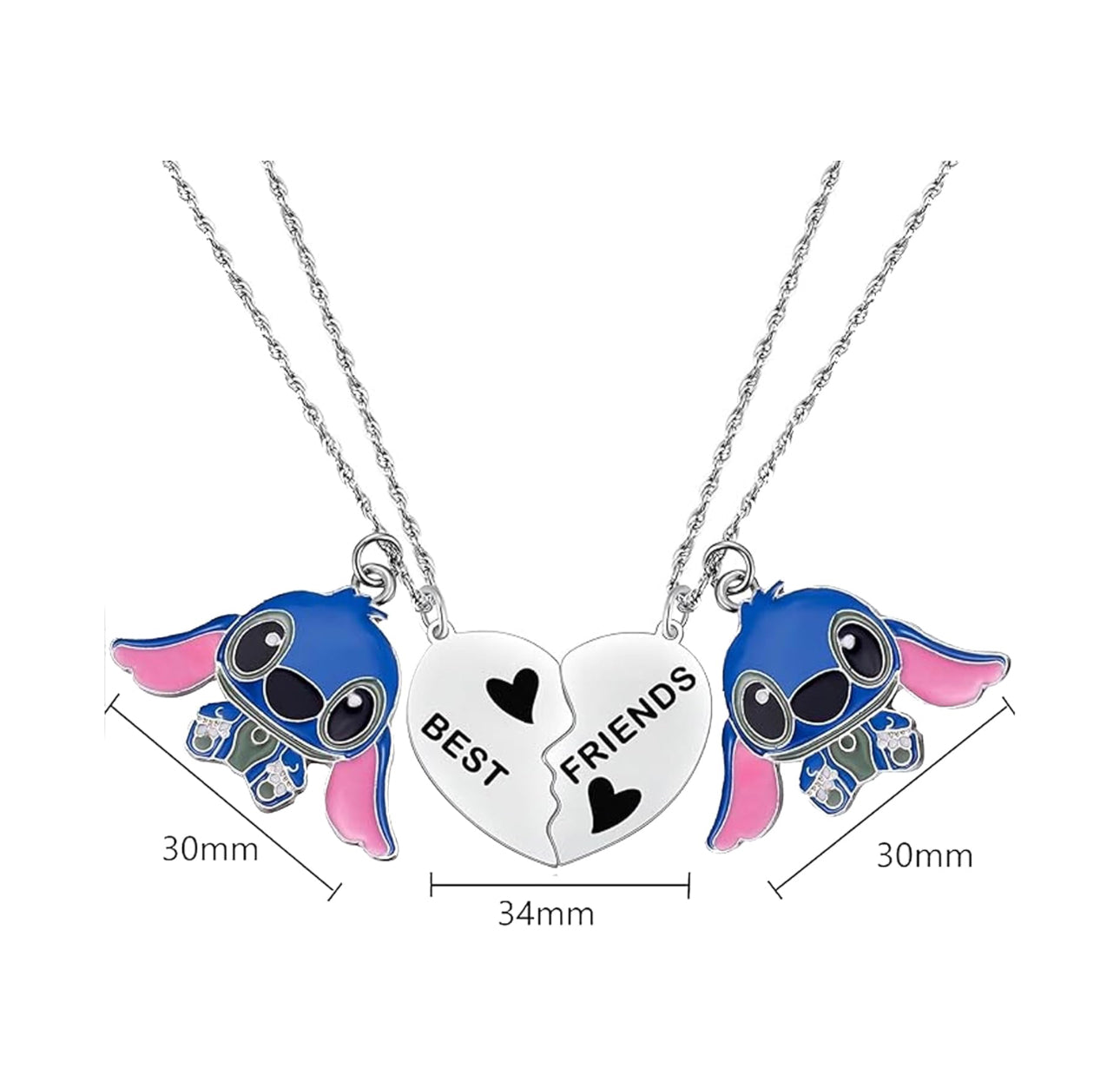 Stainless Steel Stitch BFF “Best Friend” Distance Heart Necklace 2pc