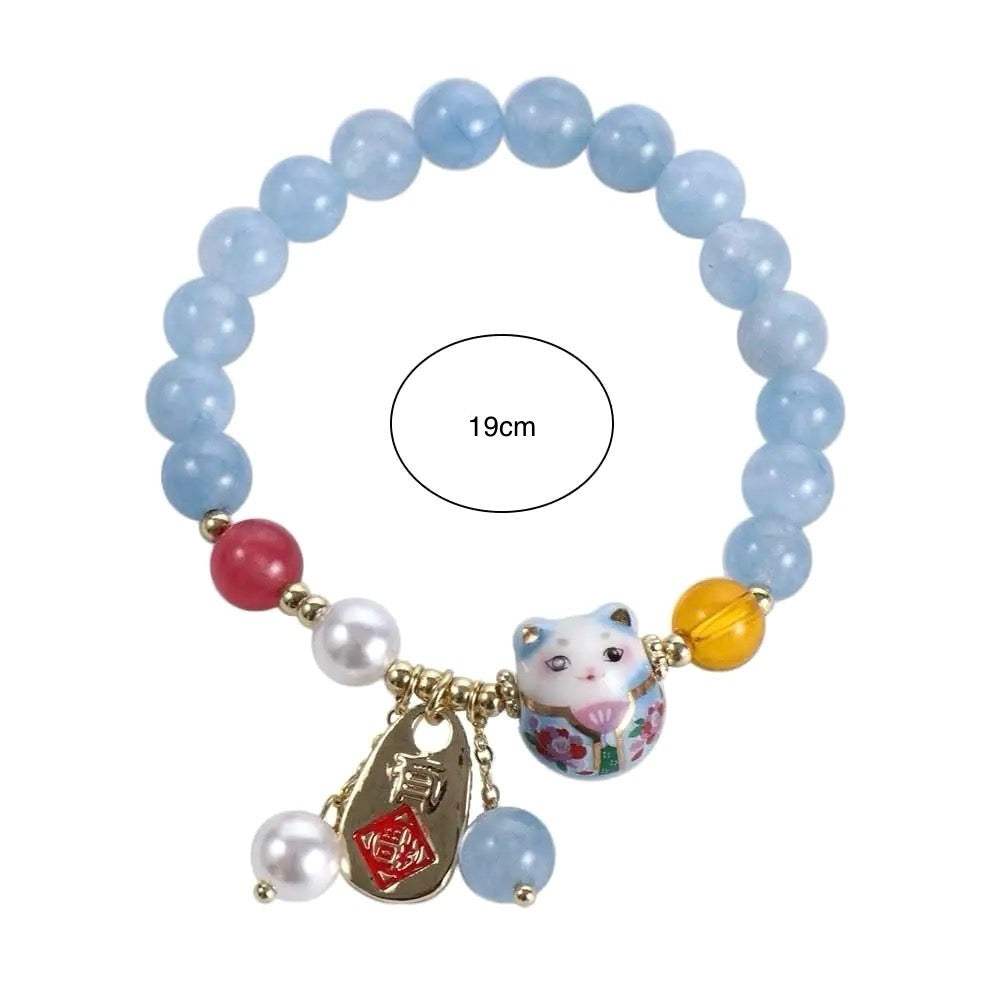 Crystal Blue Agate Lucky Cat Charm Bracelet (8mm)