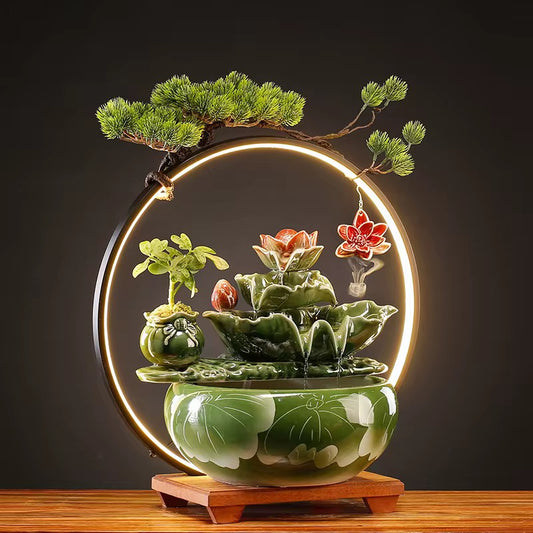 Feng Shui Green Lotus Back-Flow Incense Holder & Waterfall Mist Maker with Ring Light Ornamental Set